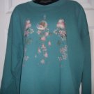 Birds & Flowers Teal sweater long sleeve HANES ACTIVE XXL crew neck top spots