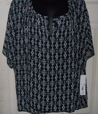 New women MASSINI light knit print T Doleman sheer blouse XXL blk teal shirt top
