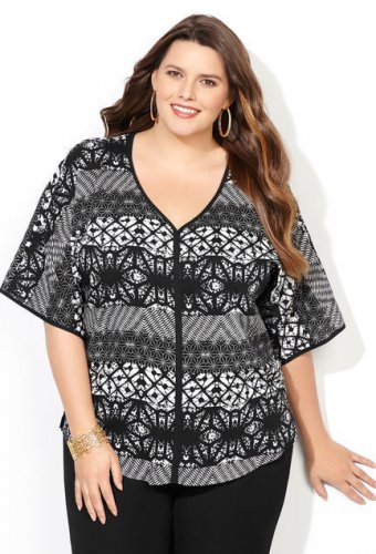 New $60 black white Aztec AVENUE multi print knit tee blouse 3X plus top