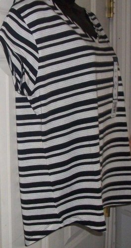 New women FALLS CREEK black mesh knit stripe tee blouse size 12/14 M-L shirt top