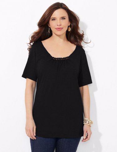 NEW Tops Blouses Plus CATHERINES womens 3X (26-28) wood neck bead tee top