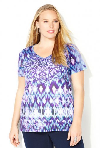 New $40 Ikat blues embellished AVENUE knit tee blouse 3X 4X plus top