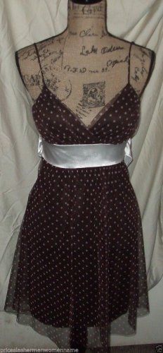 $58 dress TABOO brown white polka dots sheer draping M spaghetti strap poly top