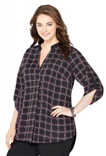 NWT $55 roll sleeve AVENUE berry plaid sharkbite blouse 1X tunic top runs big