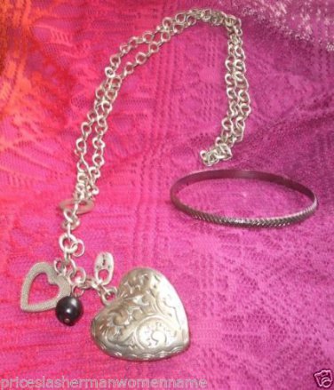 fine old style jewelry pendent silver tone chain necklace 36" & ring bracelet