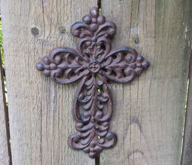 Rustic Metal Work Fleur De Lis Flower Art Design Symbol Hanging Trinity Cross Rust