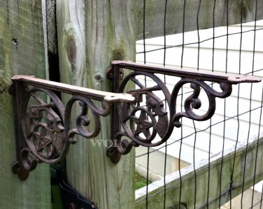 2 Rustic Cast Iron Hanging Wall Brackets Shelf Brace Western Cross Gun Pistol American Heritage