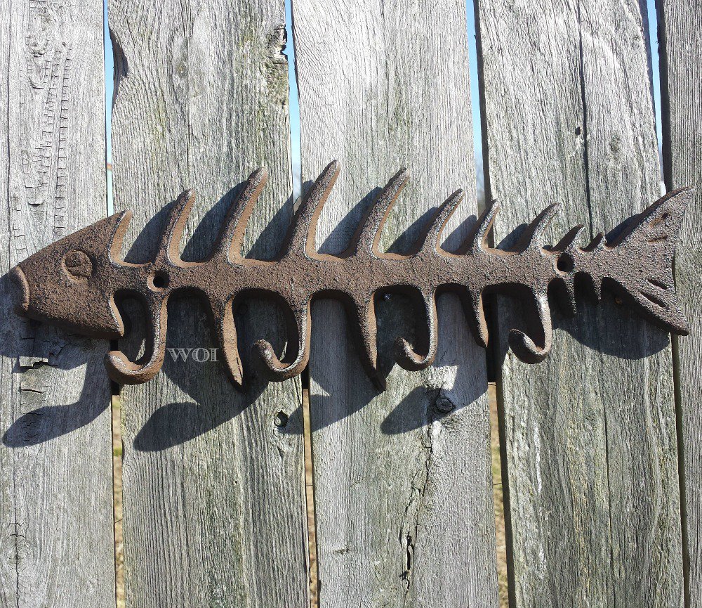 Large Cast Iron Fish Skeleton Fisherman Key Hook Wall Sculpture Lake ...