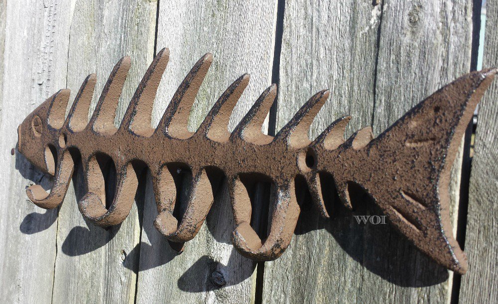 Large Cast Iron Fish Skeleton Fisherman Key Hook Wall Sculpture Lake ...