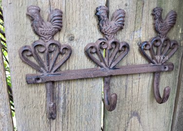Distressed Cast Iron Rooster Storage Rack Bracket Mount Kitchen Utensil Holder Utility Hook