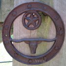 Old West Country Western Texas Longhorn Bull Head Bust Cast Iron Wreath Star Plaque Sign