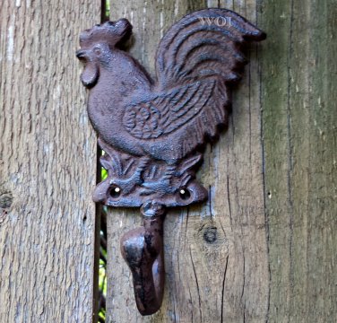 Distressed Rustic Metal Country Rooster Wall Hook Farm Chicken Utensil Hanger Worn Rust