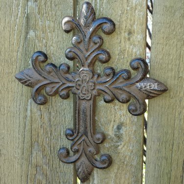 Cast Iron Rustic Fleur De Lis Spiritual Cross Wall Hanging Crucifix Metal Art Plaque Rust
