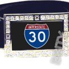 I-30 INTERSTATE 30 SHIELD SYMBOL CZ GLOW RHINESTONE BELT BUCKLE
