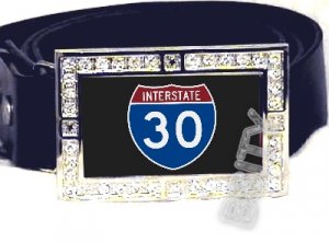 I-30 INTERSTATE 30 SHIELD SYMBOL CZ GLOW RHINESTONE BELT BUCKLE