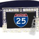 I-25 INTERSTATE 25 SHIELD SYMBOL CZ GLOW RHINESTONE BELT BUCKLE