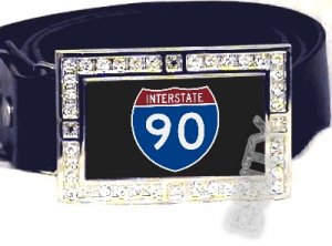 I-90 INTERSTATE 90 SHIELD SYMBOL CZ GLOW RHINESTONE BELT BUCKLE