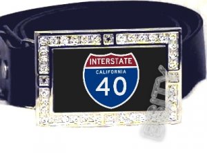 I-40 INTERSTATE 40 CA SHIELD SYMBOL CZ GLOW RHINESTONE BELT BUCKLE