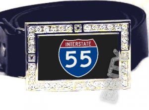 I-55 INTERSTATE 55 SHIELD SYMBOL CZ GLOW RHINESTONE BELT BUCKLE
