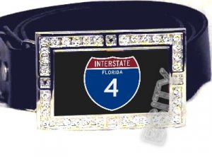 I-4 INTERSTATE 4 FL SHIELD SYMBOL CZ GLOW RHINESTONE BELT BUCKLE