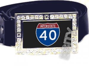 I-40 INTERSTATE 40 SHIELD SYMBOL CZ GLOW RHINESTONE BELT BUCKLE