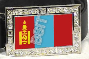MONGOLIA MONGOLIAN FLAG BLING ICED OUT CZ -FREE BELT- BUCKLE