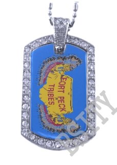 FORT PECK TRIBES INDIAN FLAG Iced Out CZ BLING Dog Tag