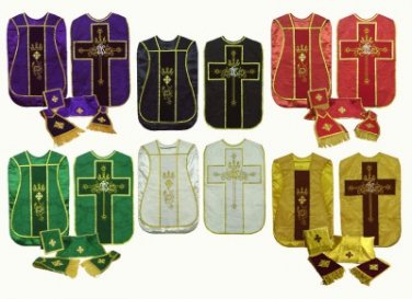 Red, Green, Gold or White, Black, Purple Chasuble Fiddleback Vestment 5 Set Lot