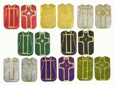 Red, Green, White, Violet, Black, Gold Chasuble Fiddleback 6 Vestment Set Lot