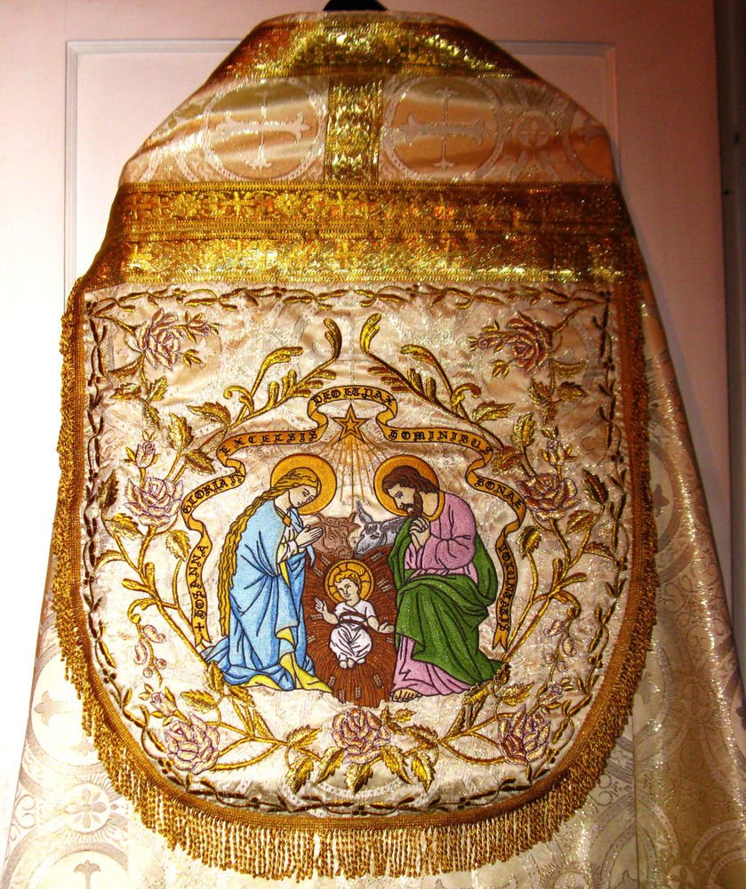 Vintage Style Christmas Vestment Cope Gold Damask Fabric Embroidered