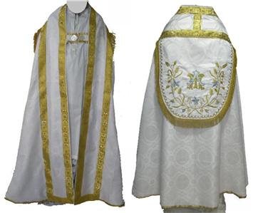 Marian White Cope Vestment w/ Stole Gold Silver Embroidery Satin Lined Catholic
