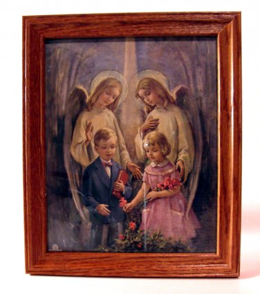 Vintage First Communion Picture Print Catholic Boy Girl Guardian Angels Oak