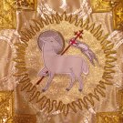 Gold Brocade Agnus Dei Fiddleback Chasuble Set + Veil, Burse, Maniple, Stole