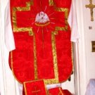 Red Chasuble Set Fiddleback Pelican Latin Mass NEW + Stole,Maniple,Veil,Burse