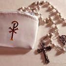 First Communion Rosary Set, White 19.5" Rosary and Pax White Vinyl Rosary Case