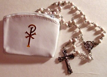 First Communion Rosary Set, White 19.5" Rosary and Pax White Vinyl Rosary Case