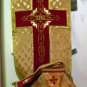 Gold Chasuble Jacquard Fabric Maroon Orphrey Fiddleback Vestment Set Catholic