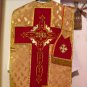 Gold Chasuble Jacquard Fabric Maroon Orphrey Fiddleback Vestment Set Catholic