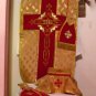 Gold Chasuble Jacquard Fabric Maroon Orphrey Fiddleback Vestment Set Catholic