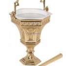 Catholic Ornate Holy Water Pot Polished Brass 7 3/4"H x 9"D with Sprinkler 10"L