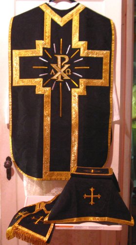 Chasuble Set  Black Fiddleback Chi Rho Requiem Mass+ Veil, Burse, Maniple, Stole