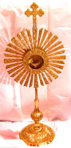 Catholic Brass Cross Monstrance with 24KT Gold Plated Luna 30"H x 9"W