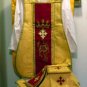 Gold Fiddleback Chasuble w/Maroon Orphrey Vestment Set+Veil,Maniple,Stole,Burse
