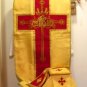 Gold Fiddleback Chasuble w/Maroon Orphrey Vestment Set+Veil,Maniple,Stole,Burse