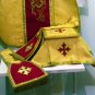 Gold Fiddleback Chasuble w/Maroon Orphrey Vestment Set+Veil,Maniple,Stole,Burse