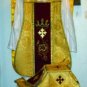 Gold Fiddleback Chasuble w/Maroon Orphrey Vestment Set+Veil,Maniple,Stole,Burse