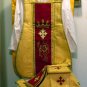 Gold Fiddleback Chasuble w/Maroon Orphrey Vestment Set+Veil,Maniple,Stole,Burse