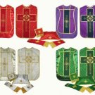 Red, Green, White, Purple Chasuble Jacquard Fabric Fiddleback Vestment Set Lot Red, Green, White, Purple Chasuble Jacquard Fabric Fiddleback Vestment Set Lot