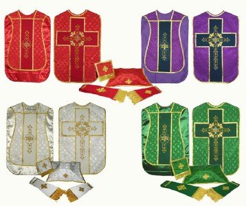 Red, Green, White, Purple Chasuble Jacquard Fabric Fiddleback Vestment Set Lot