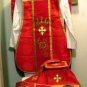 Red Fiddleback Chasuble Fancy Embroidery Vestment Set+Veil,Maniple,Stole,Burse